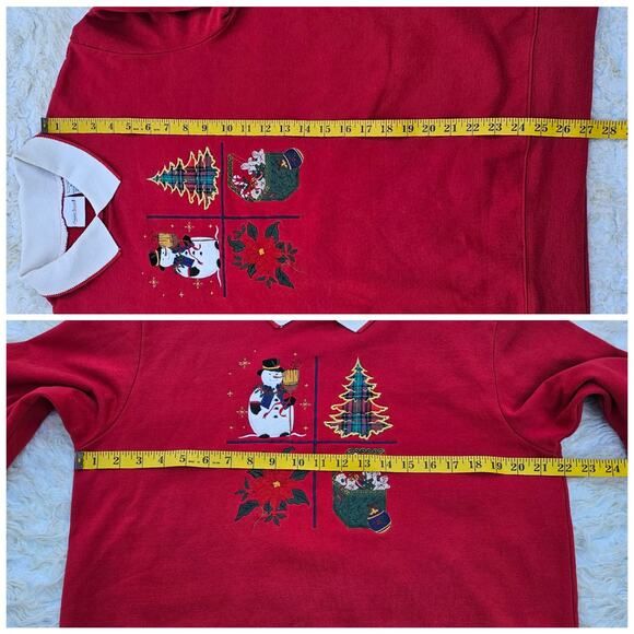 Red Christmas Collared Sweatshirt Size M Snowman Plaid Tree Poinsettia Holiday - Picture 10 of 12
